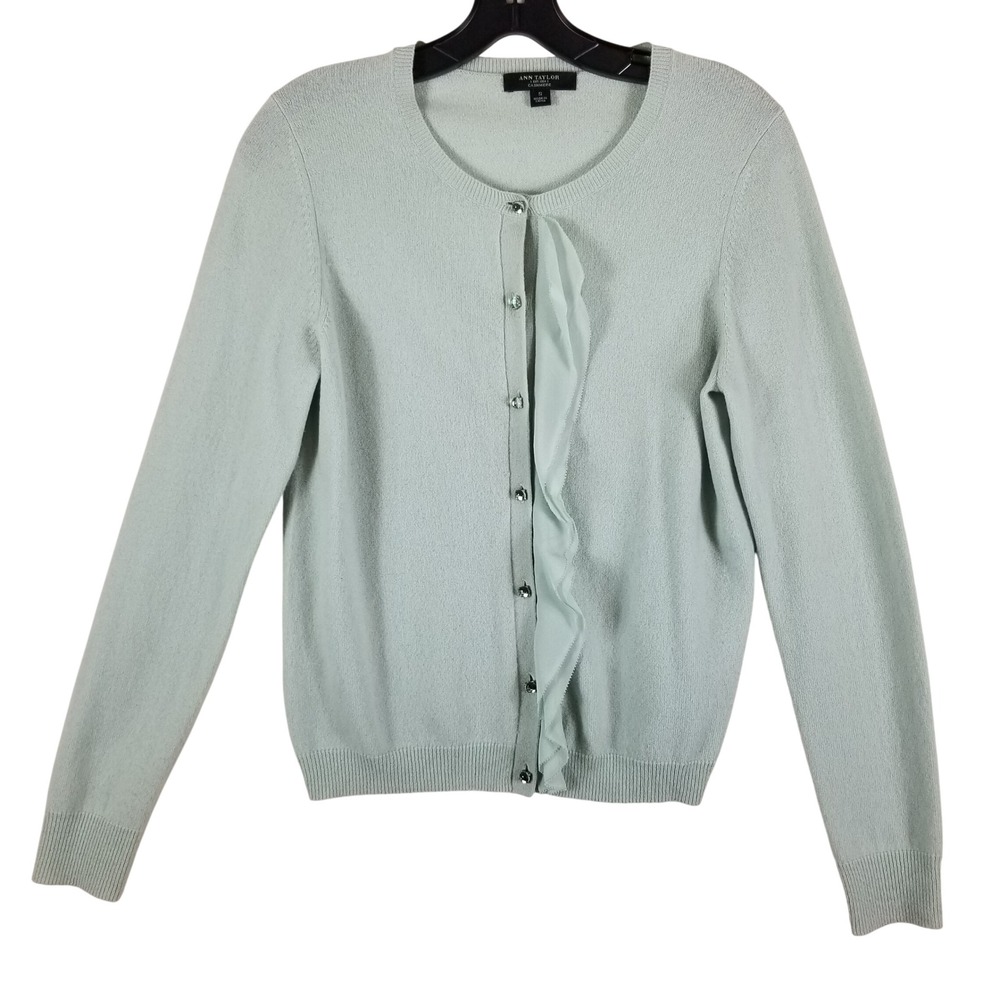 Ann Taylor Cashmere Cardigan Sweater Mint Green Ruffle Front‎ Button Womens S